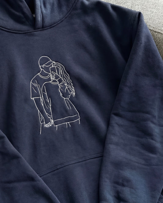 Custom couple portrait hoodie Australia — line art embroidery on navy 380GSM cotton hoodie, made in Melbourne