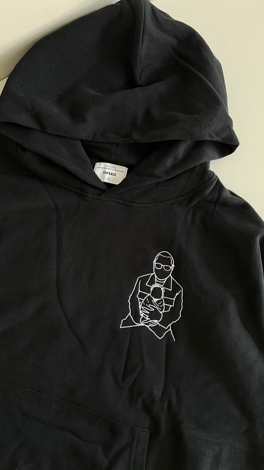 Black jumper with line art embroidery from photo, perfect gift for dad
