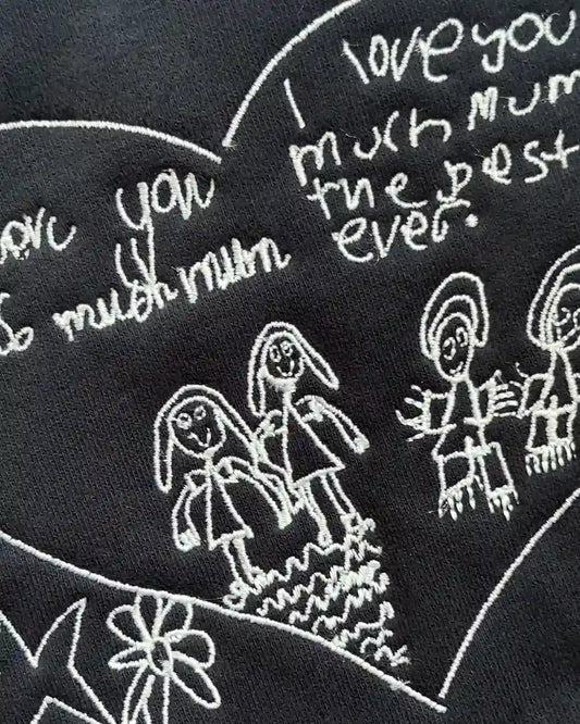 Child's handwritten "I love you mum the best ever" embroidered on hoodie — mothers day gift idea Australia, custom kids drawing hoodie by Faverit