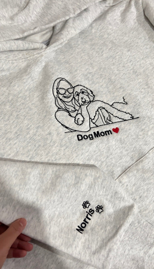 Dog mum gift for mother's day. Embroidery of a mom with her dog on a heavyweight hoodie.