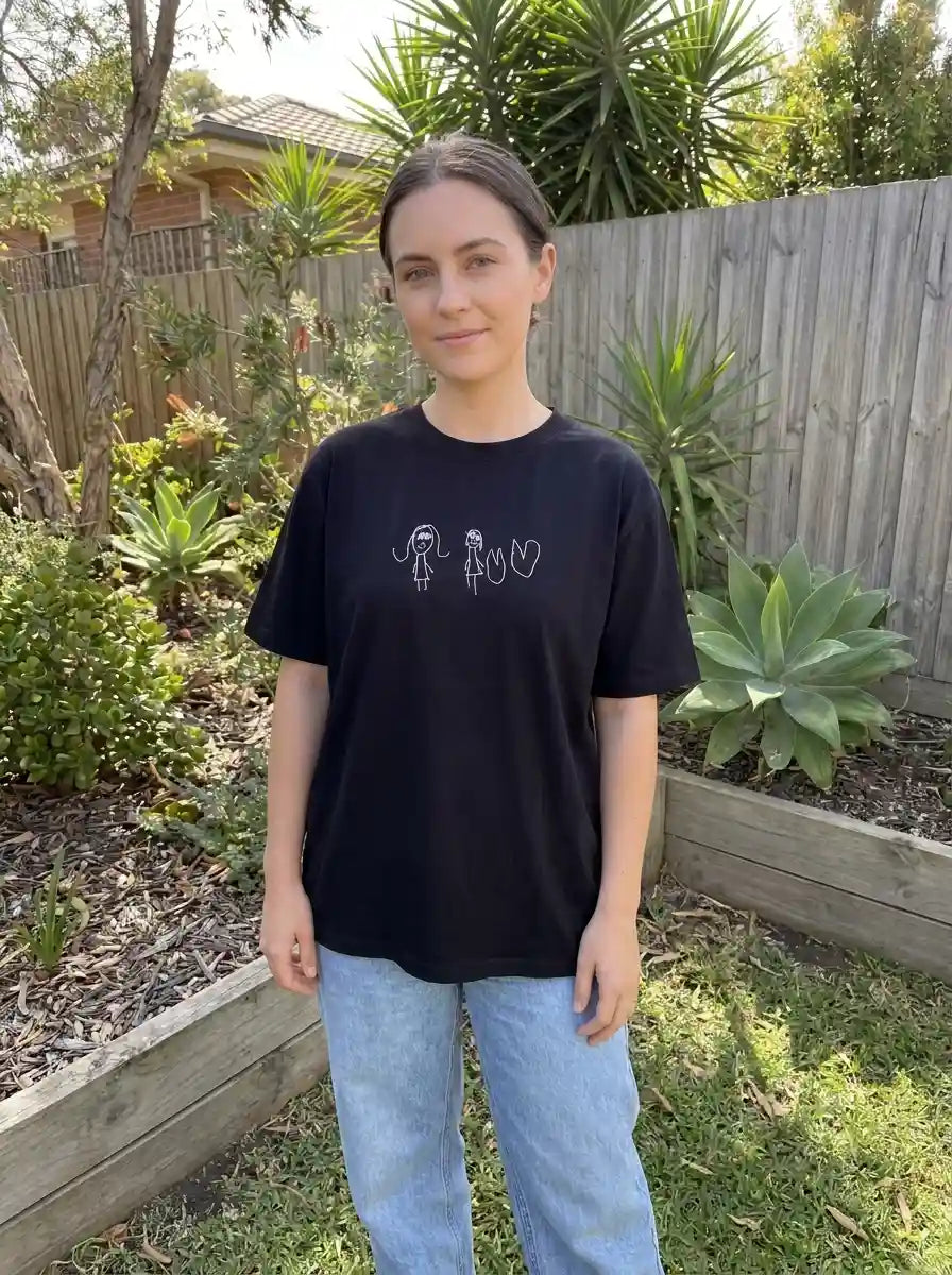 Custom kids drawing tshirt Australia — child's artwork embroidered on 275GSM oversized tee, Melbourne