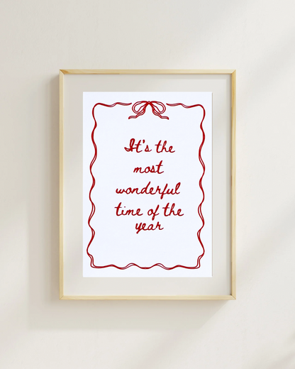 Christmas Print – “It’s the Most Wonderful Time of the Year” | Festive Bow Art | Holiday Wall Decor