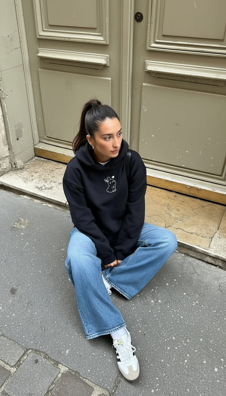 Heavyweight Premium Boxy Bunny Hoodie - Black