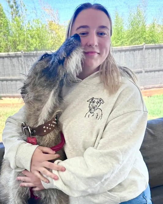 Personalised dog mum hoodie — custom embroidered pet portrait on navy cotton, made in Melbourne Australia