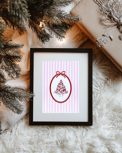 Red Bow Christmas Tree Art Print – Pink & White Stripe Holiday Decor Art (A4 / A5 / A6)
