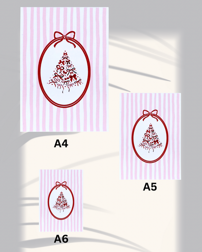Red Bow Christmas Tree Art Print – Pink & White Stripe Holiday Decor Art (A4 / A5 / A6)