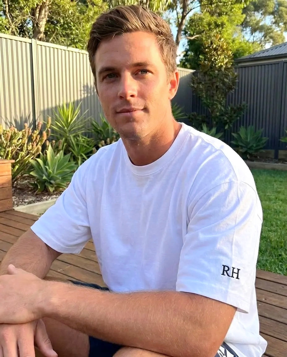 Custom text tshirt Australia — personalised initials embroidered on 275GSM oversized tee, Melbourne made