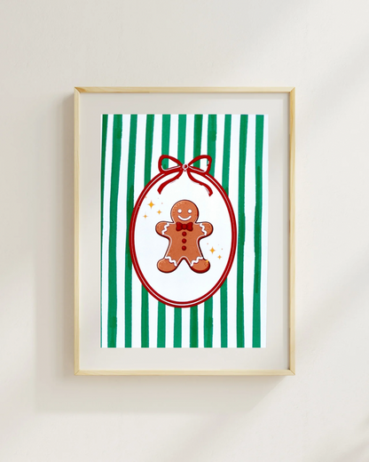 Green & White Stripes Gingerbread Christmas Print – A6 / A5 / A4