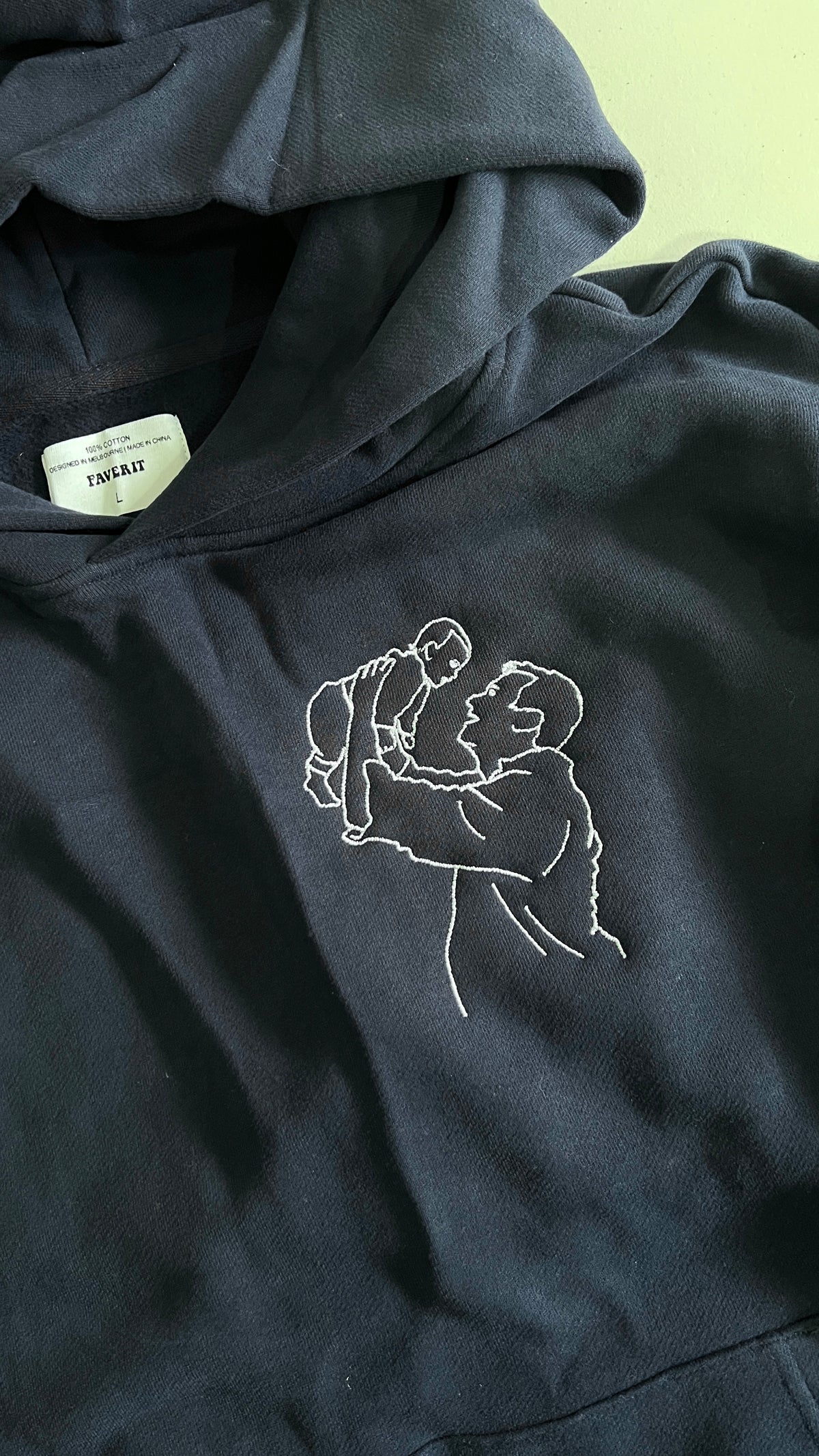 Dad and kid embroidery from a photo on a navy blue heavyweight jumper, perfect father’s day gift