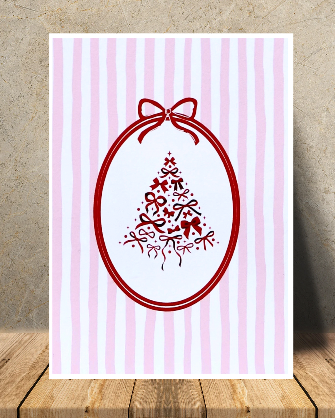 Red Bow Christmas Tree Art Print – Pink & White Stripe Holiday Decor Art (A4 / A5 / A6)