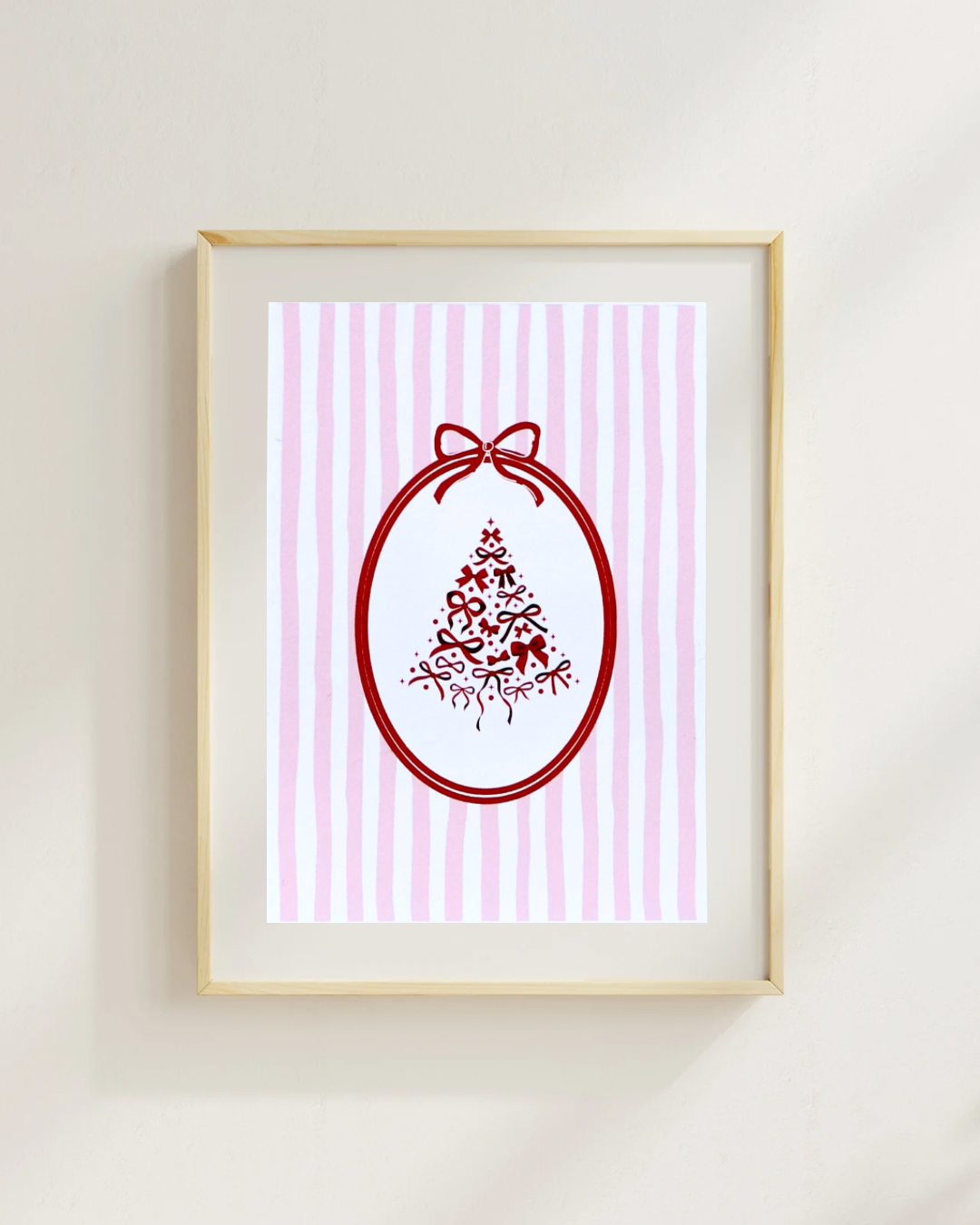 Red Bow Christmas Tree Art Print – Pink & White Stripe Holiday Decor Art (A4 / A5 / A6)