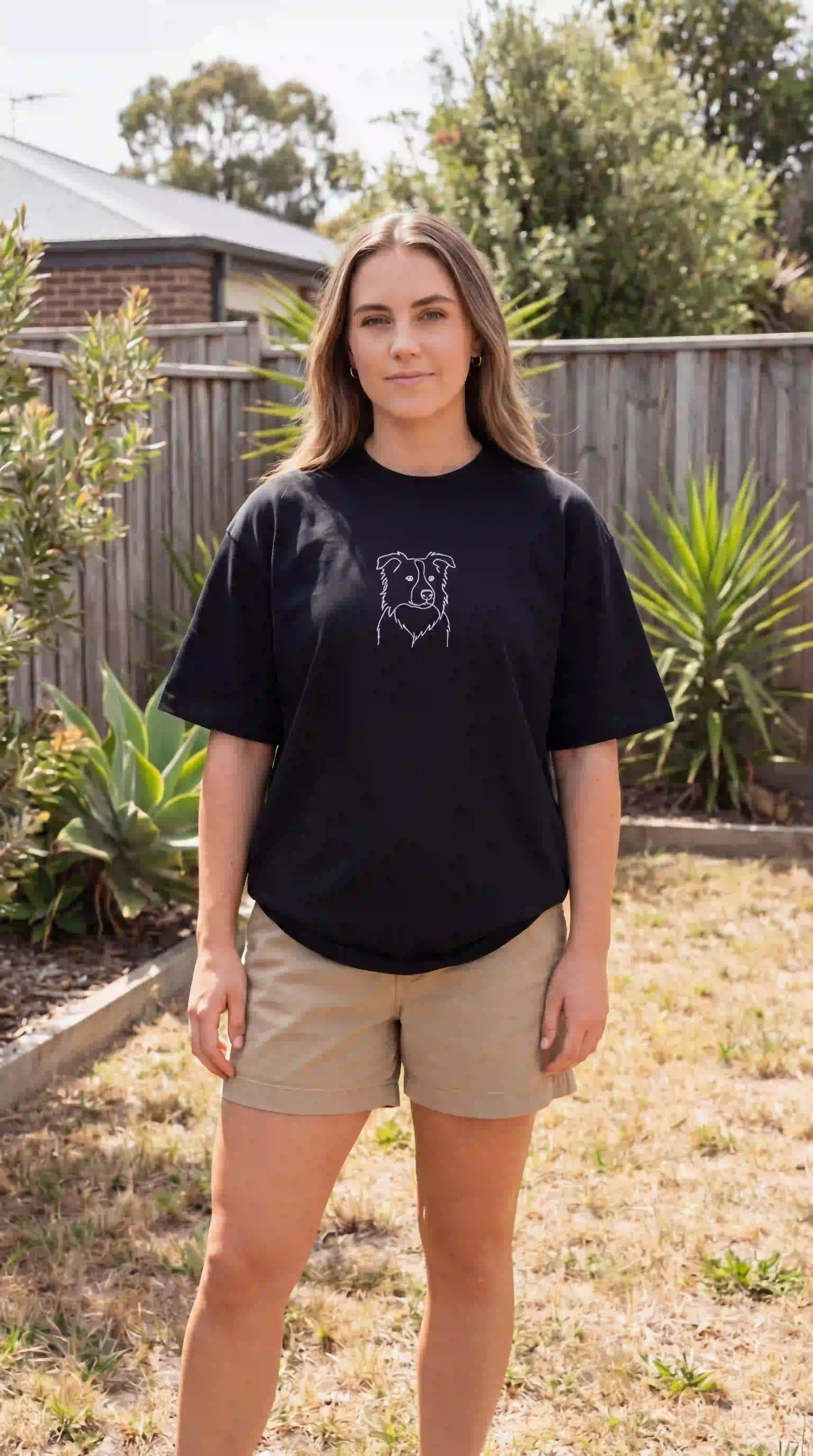 Custom pet portrait tshirt Australia — dog embroidered on 275GSM oversized tee, made in Melbourne by Faverit