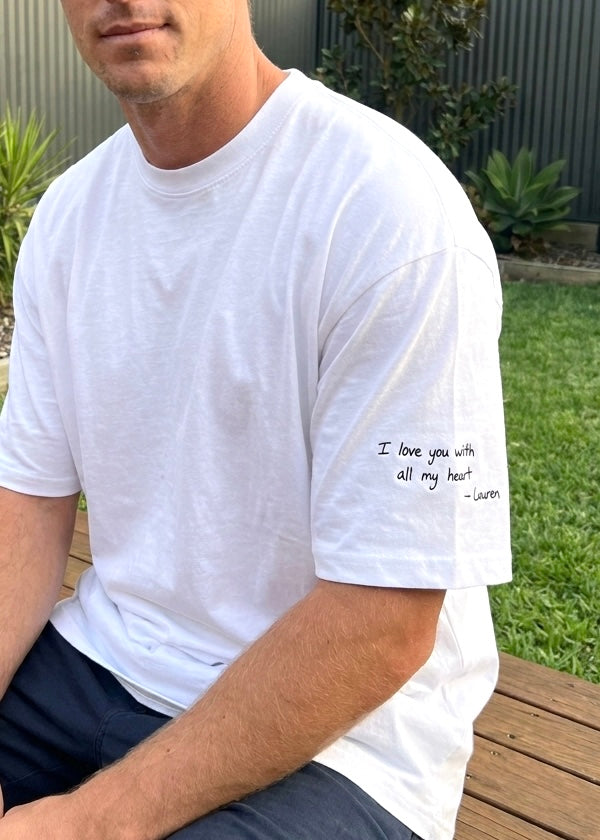Custom couple handwriting tshirt Australia — your handwritten note embroidered on 275GSM oversized tee, Melbourne made by Faverit