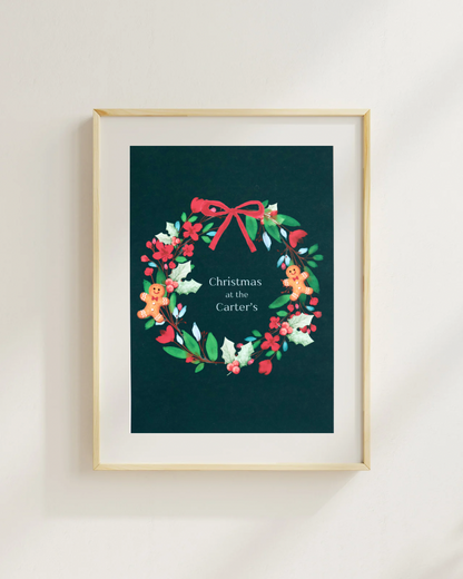 Personalised Christmas Wreath Print – Custom Family Name | Gingerbread Xmas Wall Art | A4 A5 A6