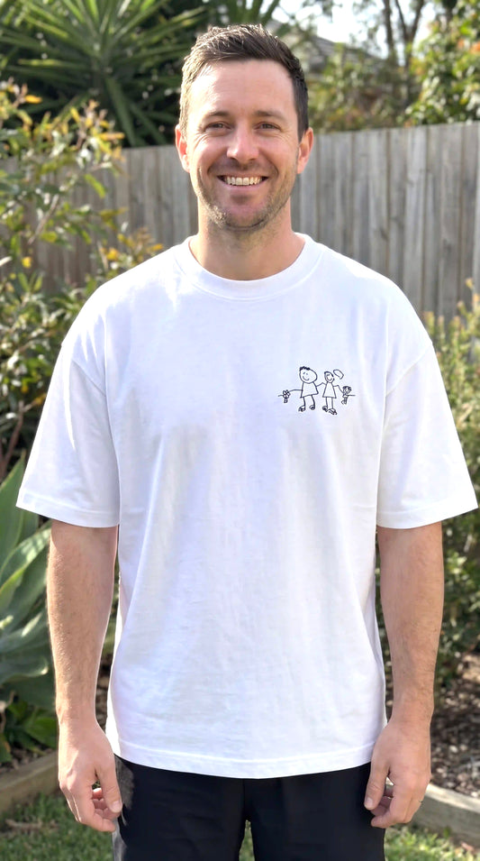 Your child's drawing embroidered on a 275GSM premium oversized tee — made in
Melbourne. Free design preview. Unlimited revisions. Ships in 3–5 days. From $99.