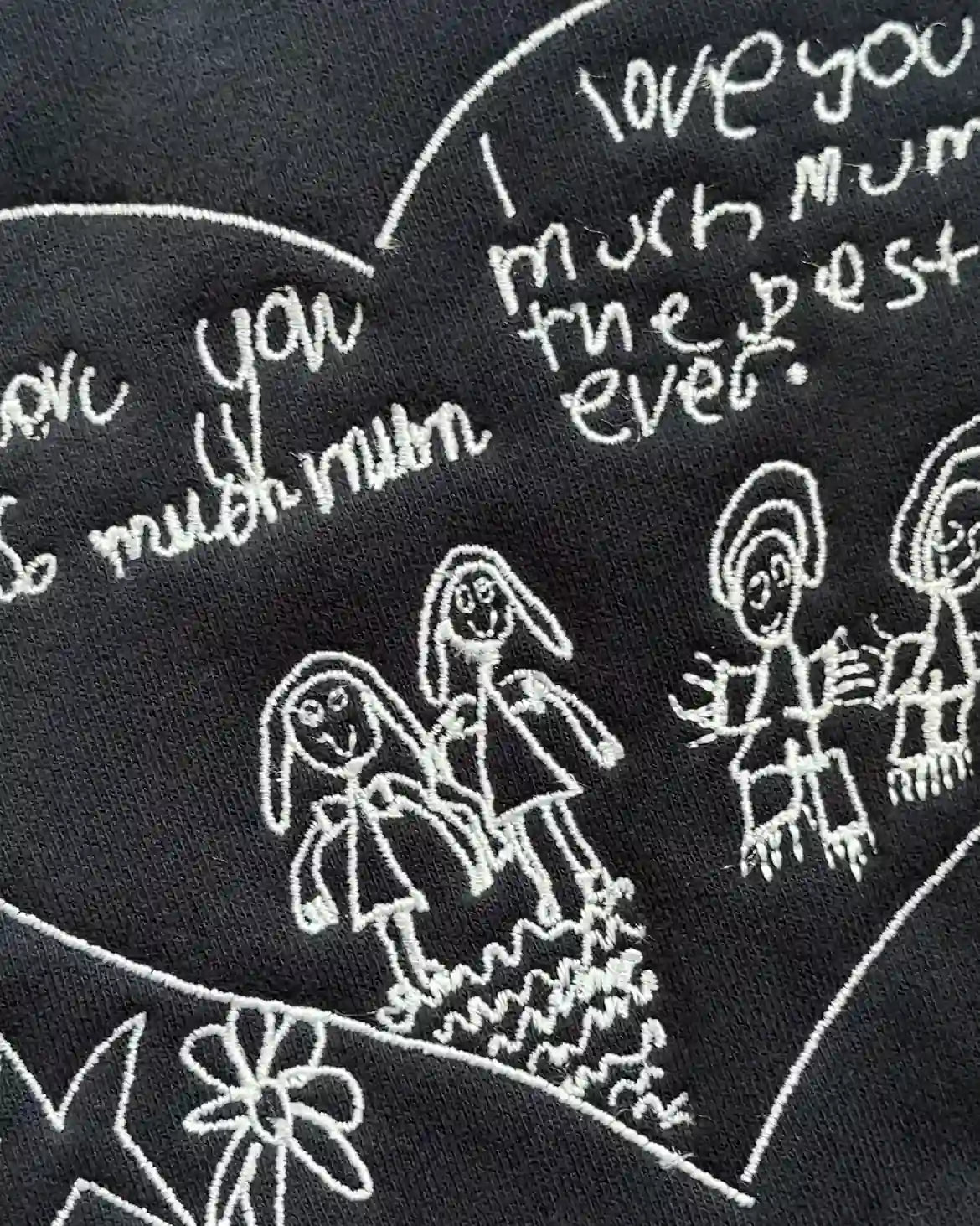 Close-up of child's handwritten "I love you mum" embroidered on navy hoodie custom kids drawing hoodie Australia by Faverit Melbourne