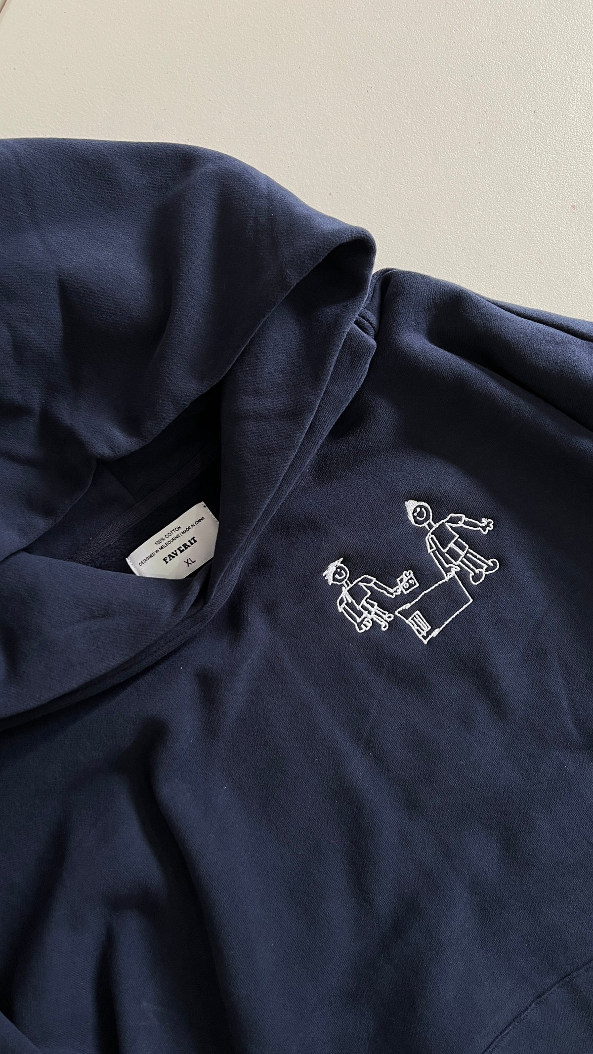 Custom kids drawing hoodie Australia — child's artwork embroidered on navy 380GSM cotton hoodie, Melbourne made