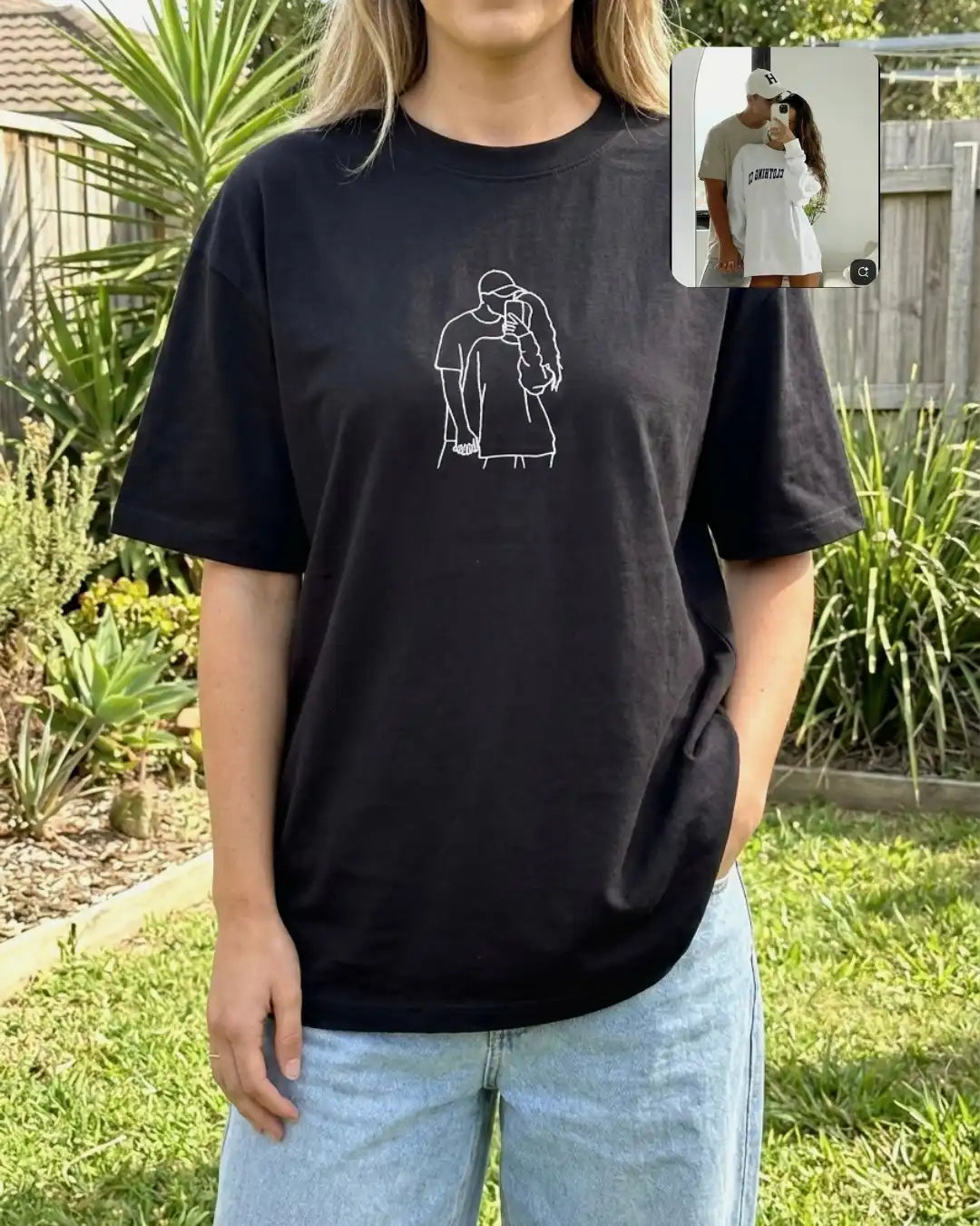 Custom couple portrait tshirt Australia — couple embroidered on 275GSM oversized tee, Melbourne made by Faverit