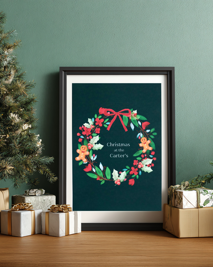 Personalised Christmas Wreath Print – Custom Family Name | Gingerbread Xmas Wall Art | A4 A5 A6
