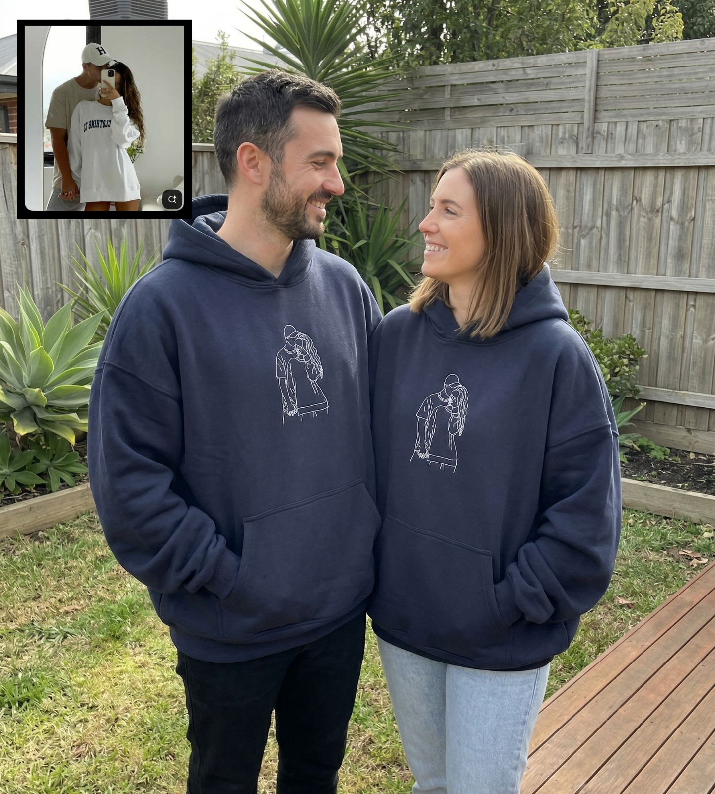 Personalised couple jumper Australia — line art embroidery matching couple hoodie on navy 380GSM cotton jumper