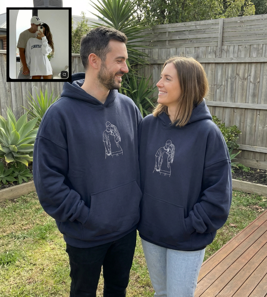 Couple wearing custom embroidered portrait hoodie Australia — personalised couple jumper Melbourne