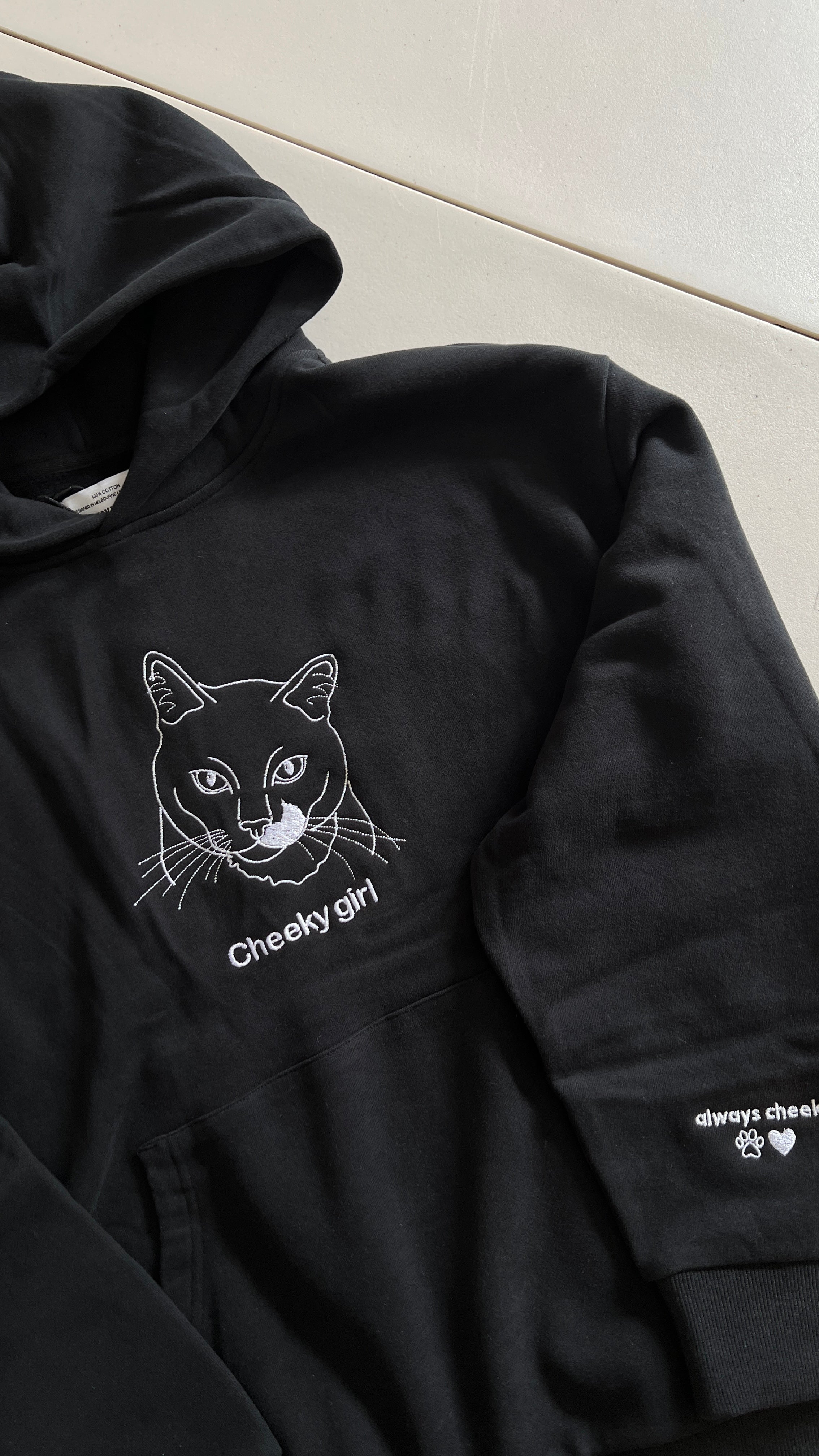 Pet memorial hoodie with cat embroidered on a 100% cotton heavy hoodie, made in Melbourne Australia