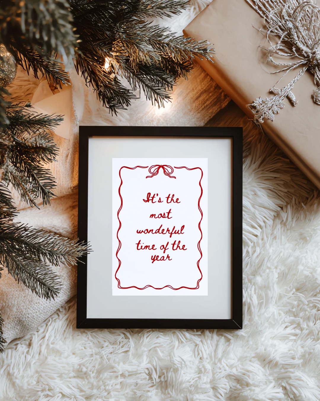 Christmas Print – “It’s the Most Wonderful Time of the Year” | Festive Bow Art | Holiday Wall Decor
