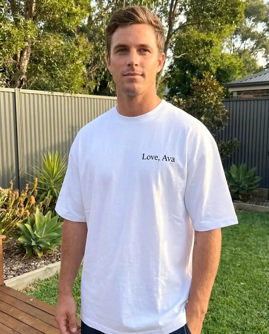 Custom Text T-Shirt Australia — Your Words, Embroidered on Premium Cotton
