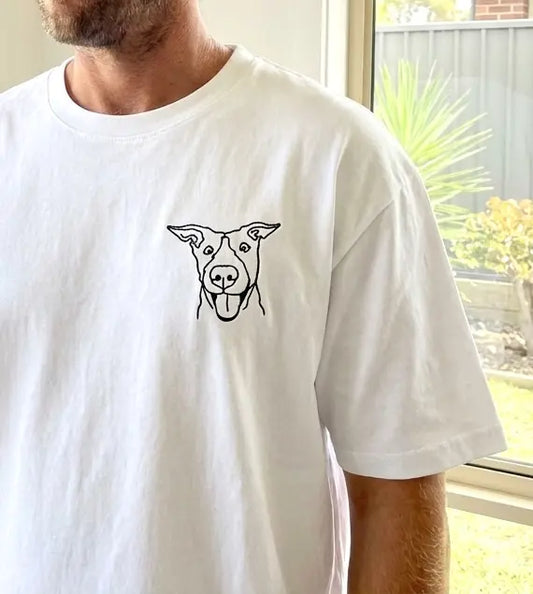 Custom pet portrait tshirt Australia — dog embroidered on 275GSM oversized tee, made in Melbourne by Faverit