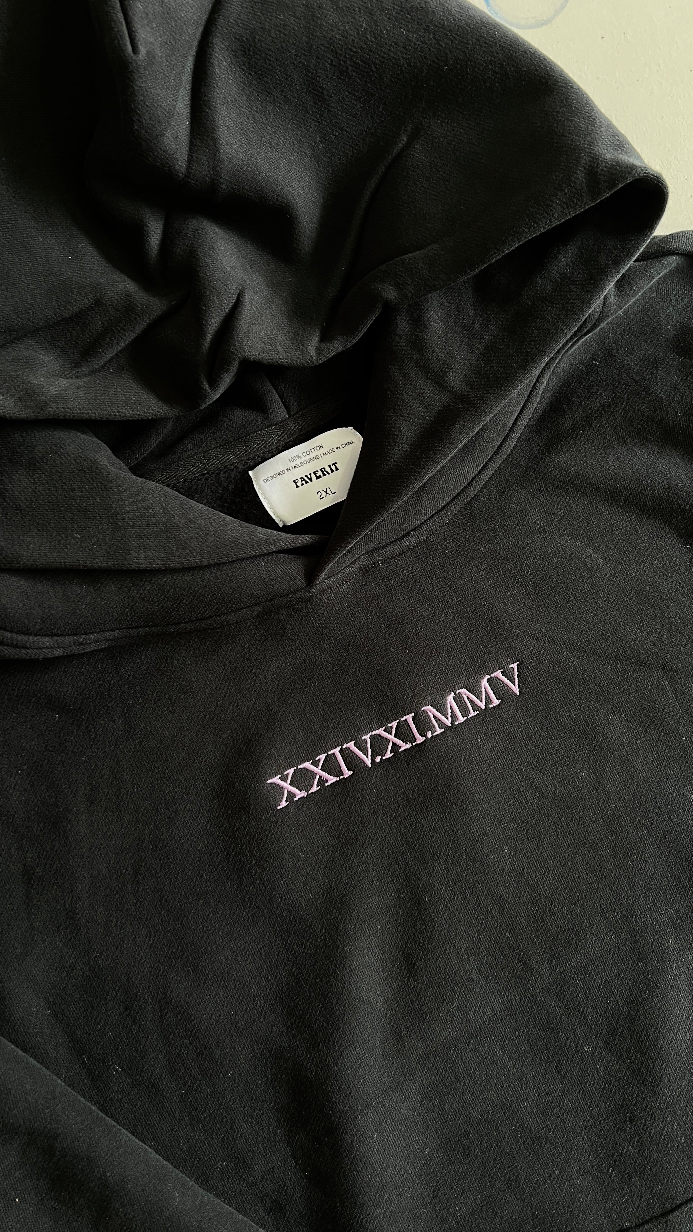 Custom text hoodie black - personalised embroidered lettering Australia