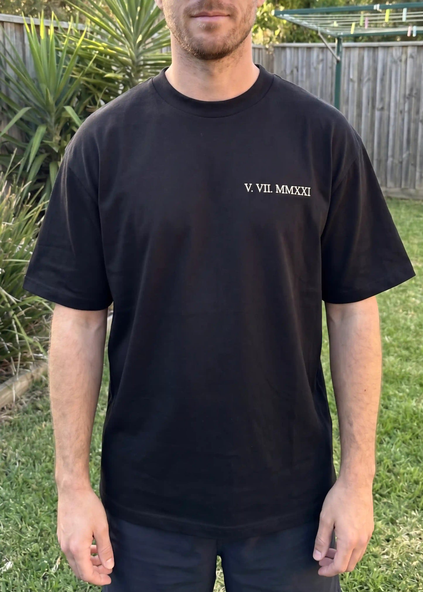 Roman numeral embroidered tshirt Australia — custom date stitched on premium 275GSM cotton, Faverit Melbourne