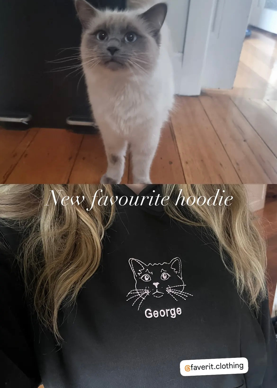 Personalised cat portrait hoodie — custom embroidered cat face on 380GSM heavyweight cotton, made in Melbourne Australia