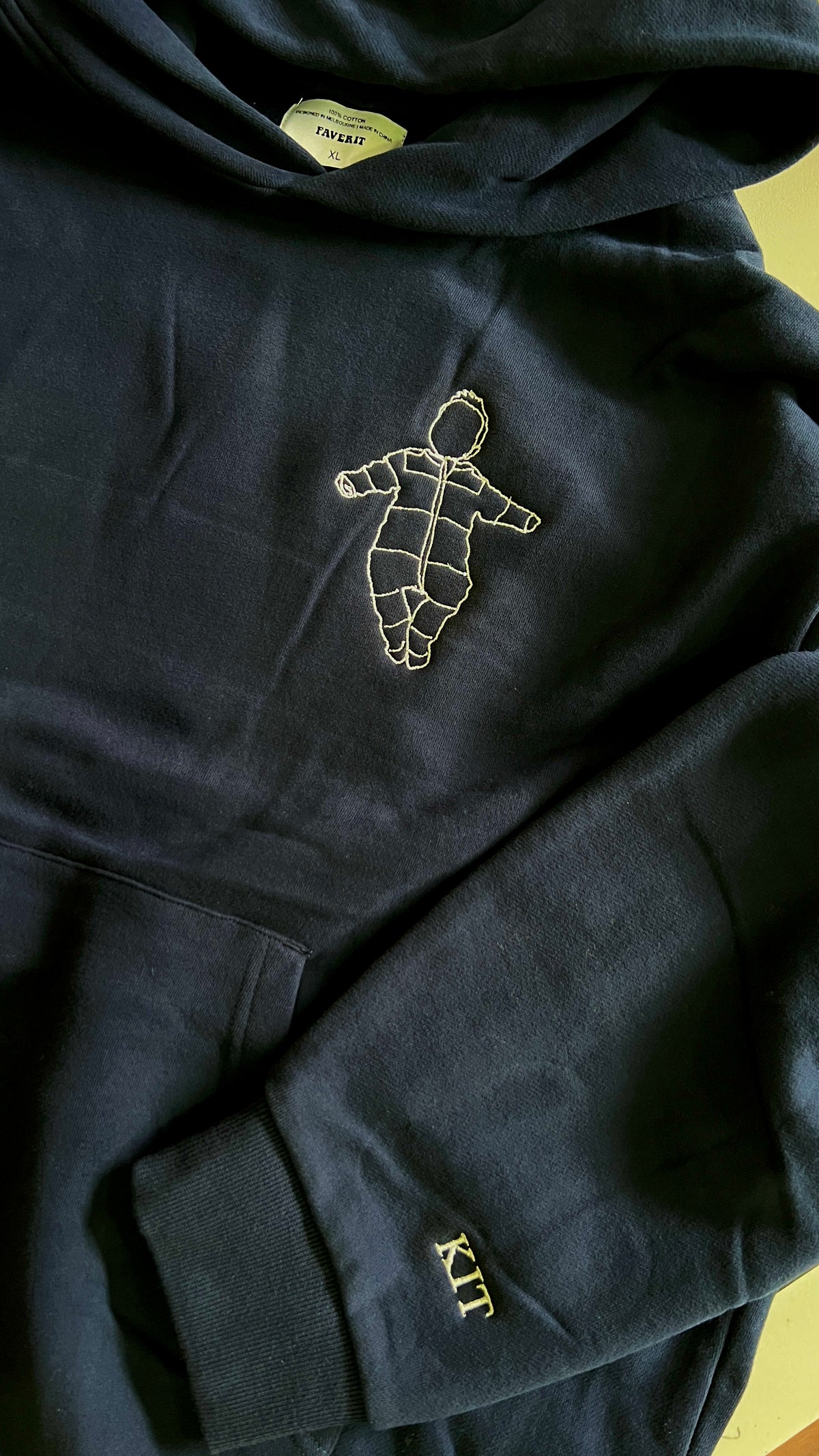 Navy hoodie with baby photo embroidered as line art, gift for family, birthday, Christmas or father’s day