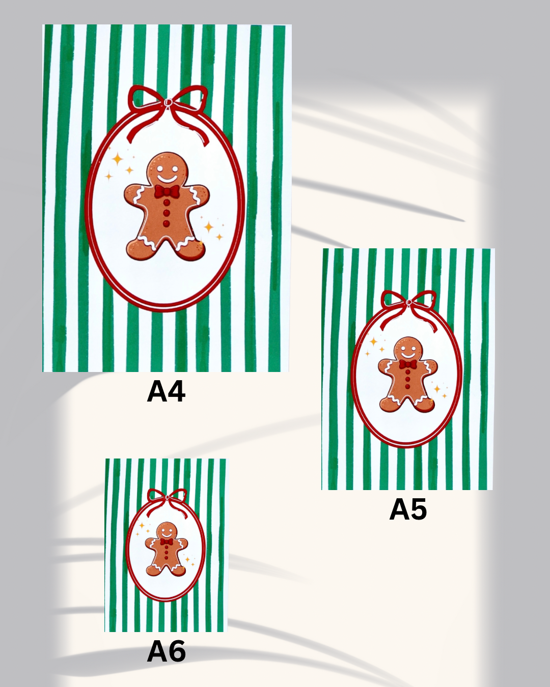 Green & White Stripes Gingerbread Christmas Print – A6 / A5 / A4