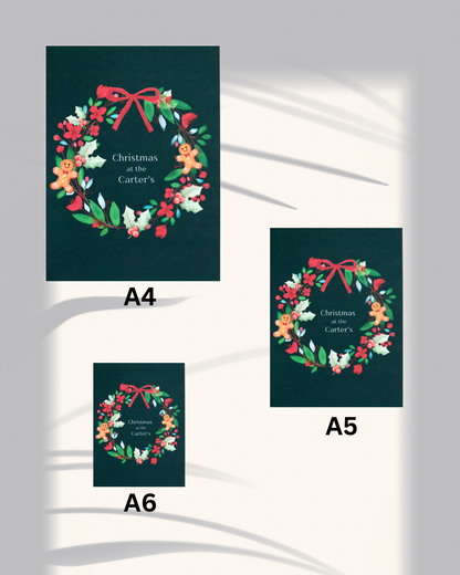 Personalised Christmas Wreath Print – Custom Family Name | Gingerbread Xmas Wall Art | A4 A5 A6