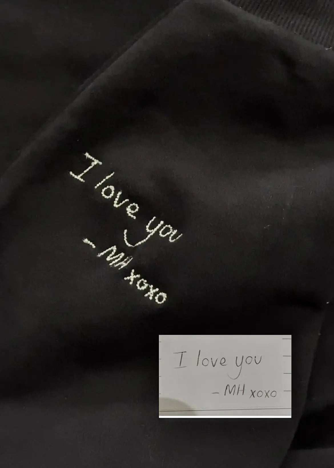 Handwritten note embroidered on couple hoodie Australia — custom handwriting hoodie made in Melbourne by Faverit