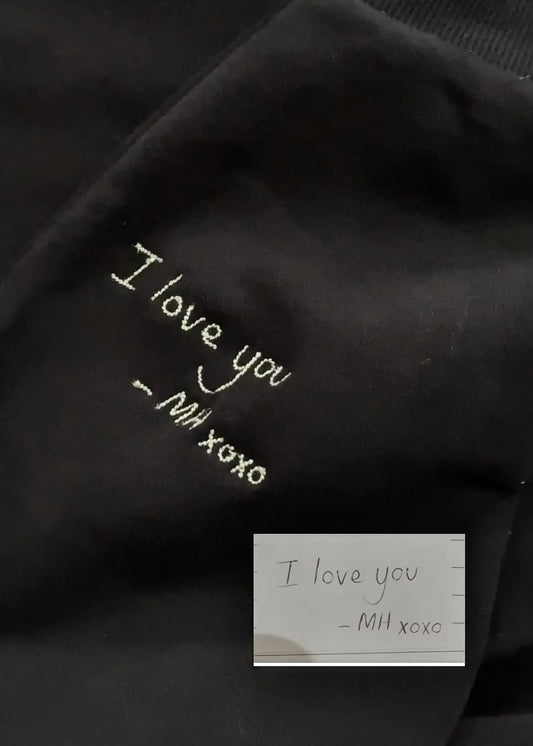 Handwritten note embroidered on couple hoodie Australia — custom handwriting
hoodie made in Melbourne by Faverit, 380GSM heavyweight cotton