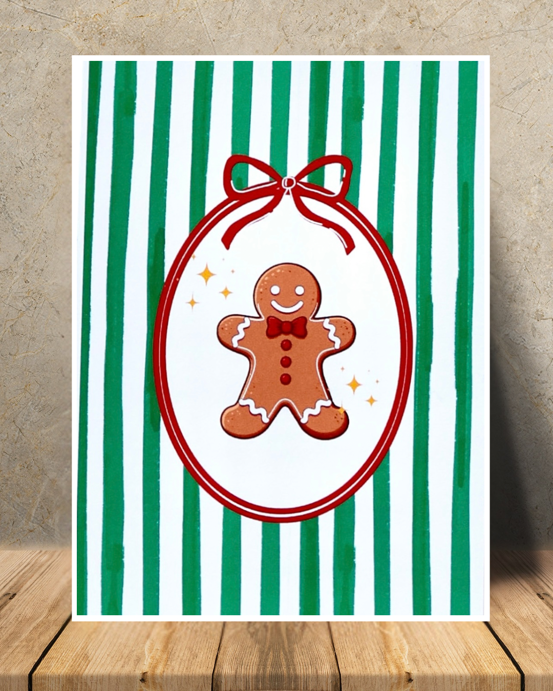Green & White Stripes Gingerbread Christmas Print – A6 / A5 / A4