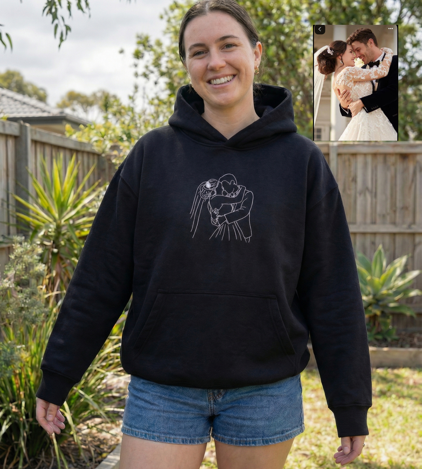 Couple portrait embroidery detail, stitched line art on 380GSM heavyweight cotton hoodie Australia