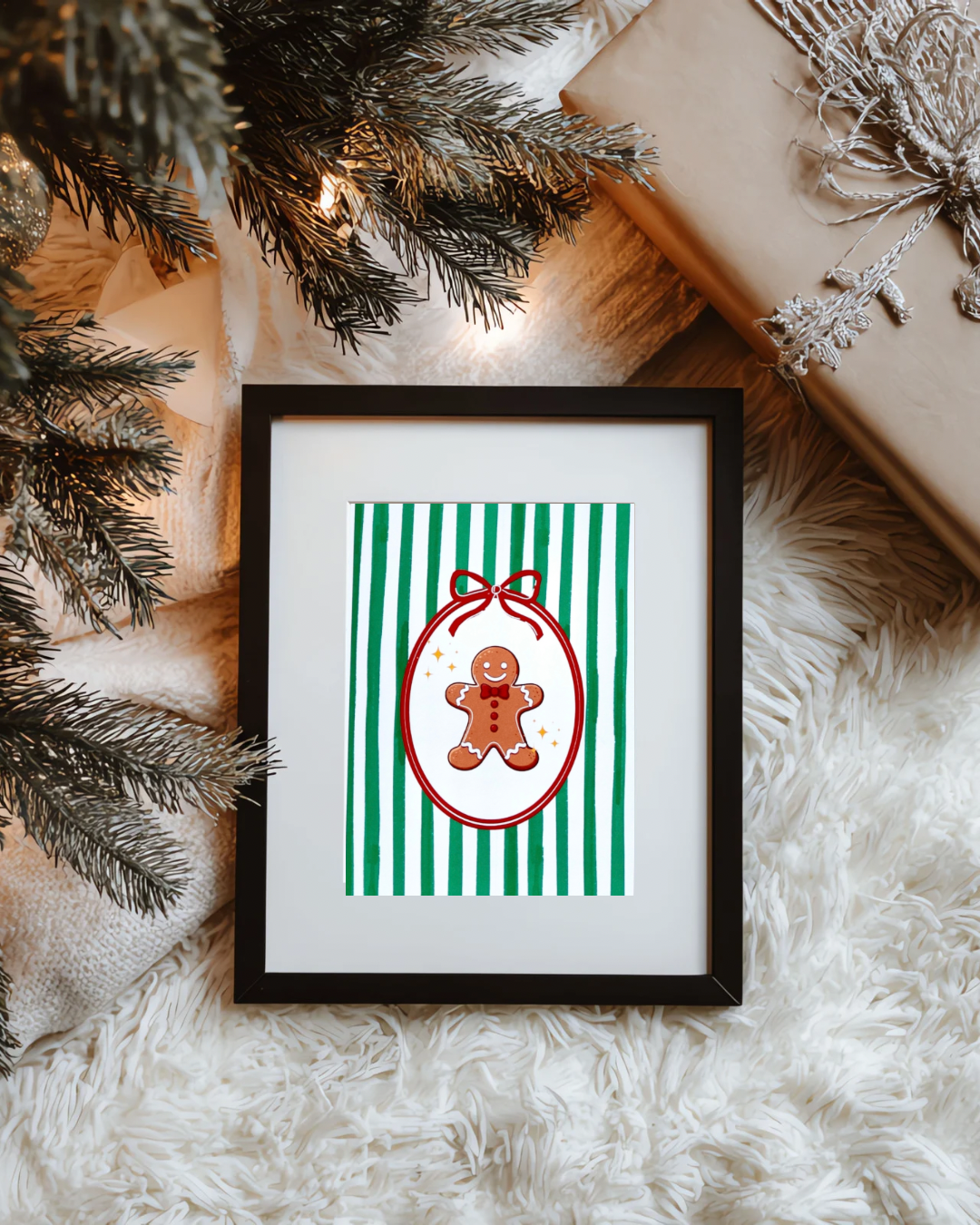 Green & White Stripes Gingerbread Christmas Print – A6 / A5 / A4