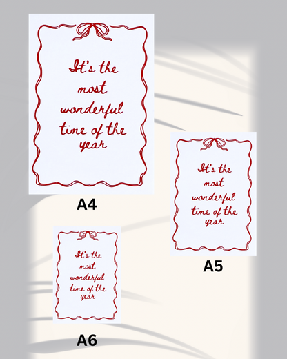 Christmas Print – “It’s the Most Wonderful Time of the Year” | Festive Bow Art | Holiday Wall Decor