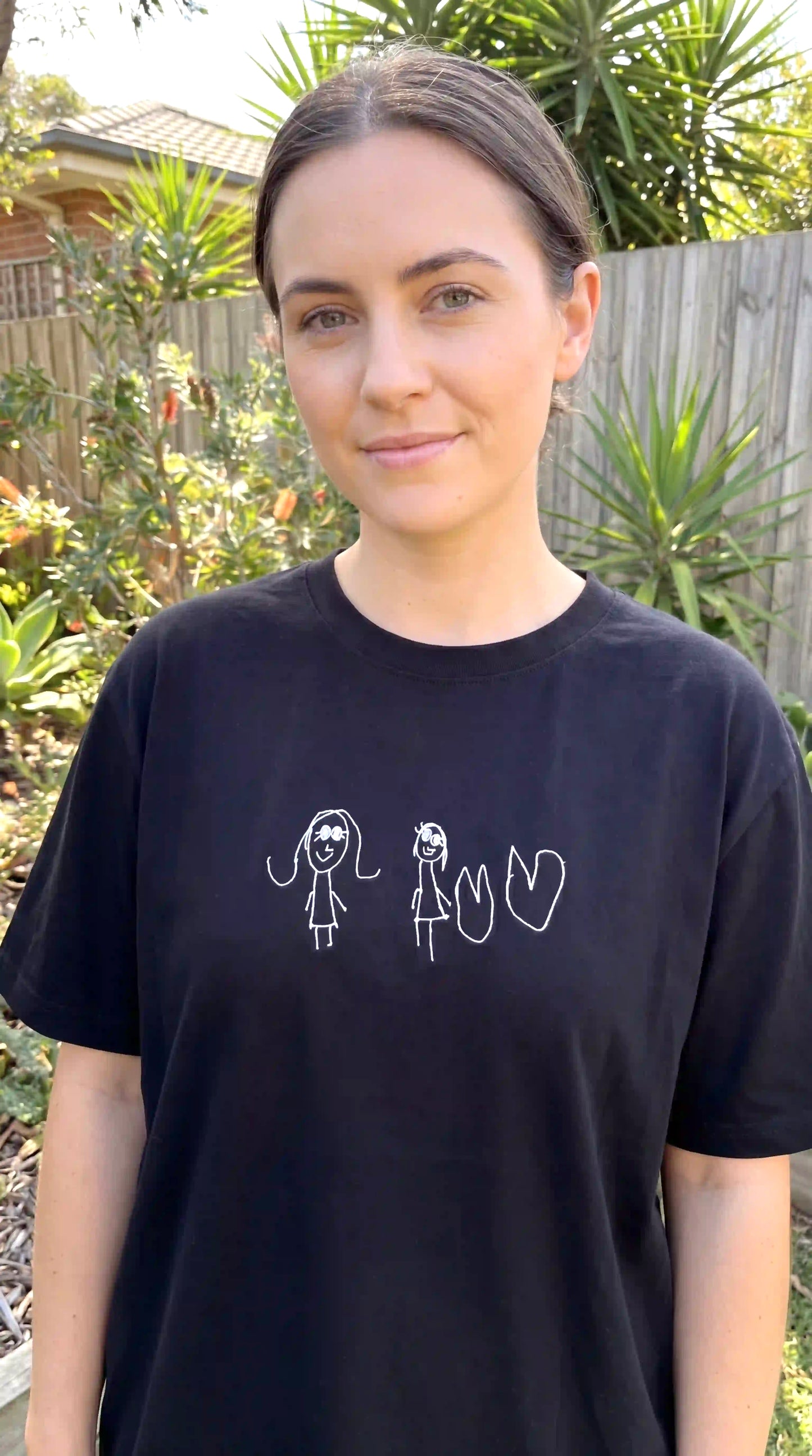 Kids drawing embroidered on premium tshirt — custom children's artwork shirt Australia, Faverit Melbourne