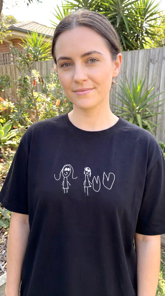 Kids drawing embroidered on premium tshirt — custom children's artwork shirt Australia, Faverit Melbourne