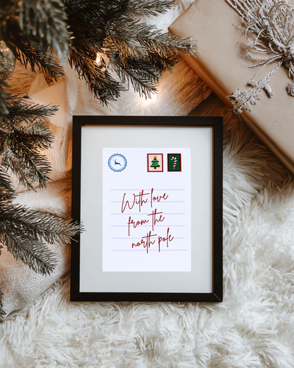 Postcard-Style “With Love from the North Pole” Print – Holiday Art, Festive Christmas Decor