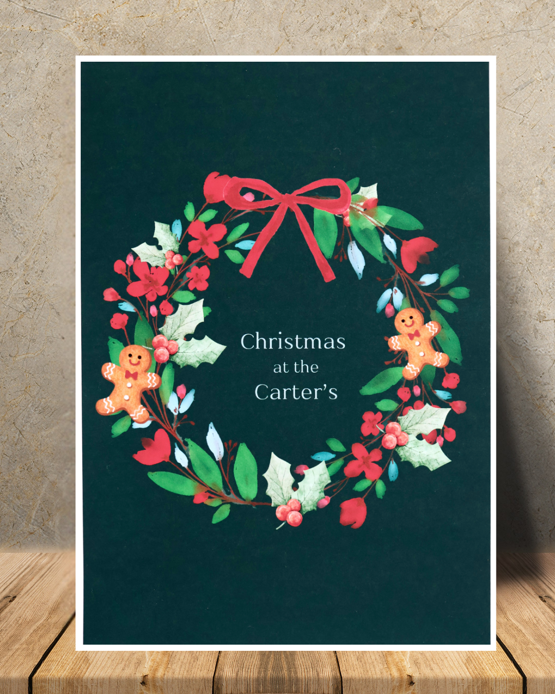 Personalised Christmas Wreath Print – Custom Family Name | Gingerbread Xmas Wall Art | A4 A5 A6