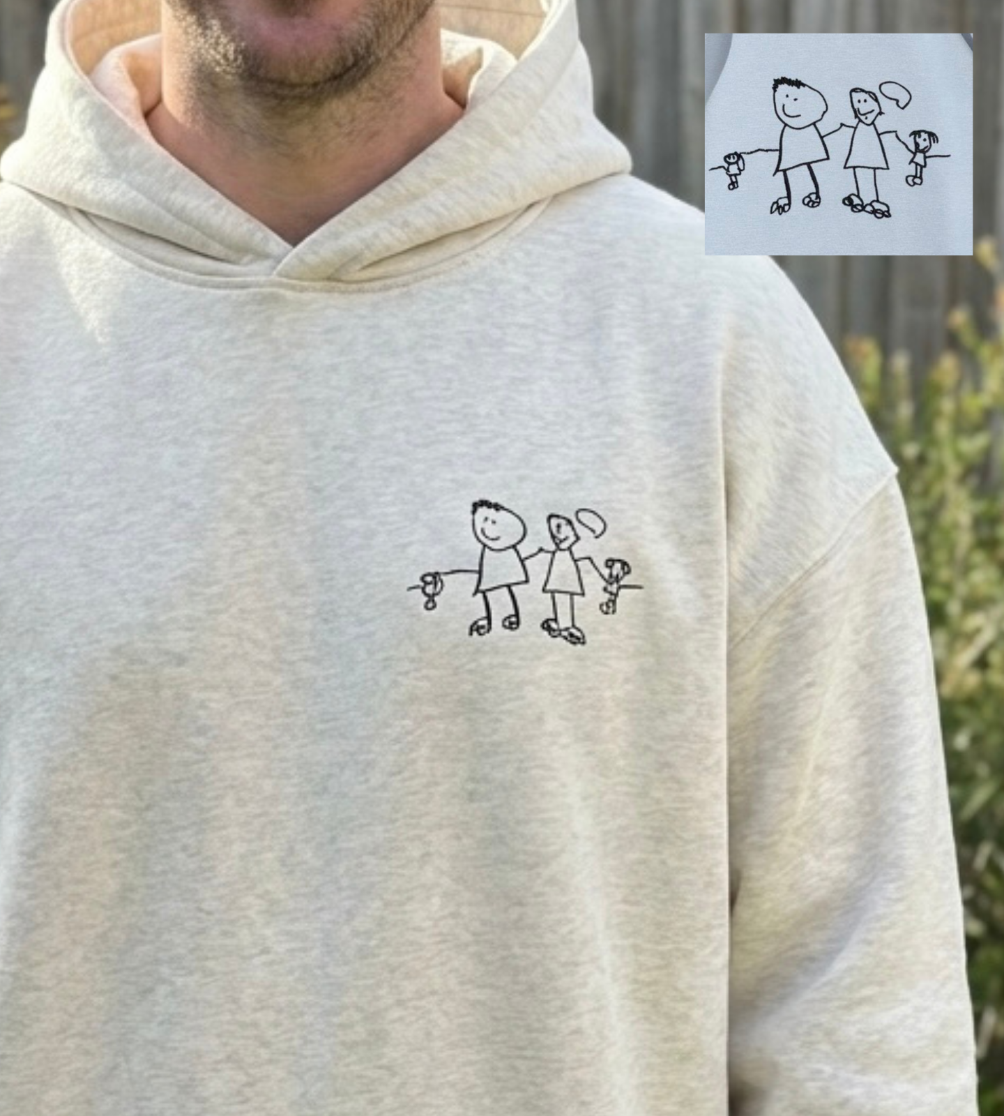 Custom kids drawing hoodie Australia — child's artwork embroidered on navy 380GSM cotton hoodie, Melbourne made