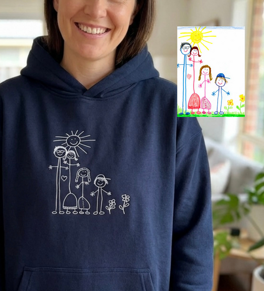 Mum wearing custom kids drawing hoodie Australia — personalised embroidered jumper Melbourne 
