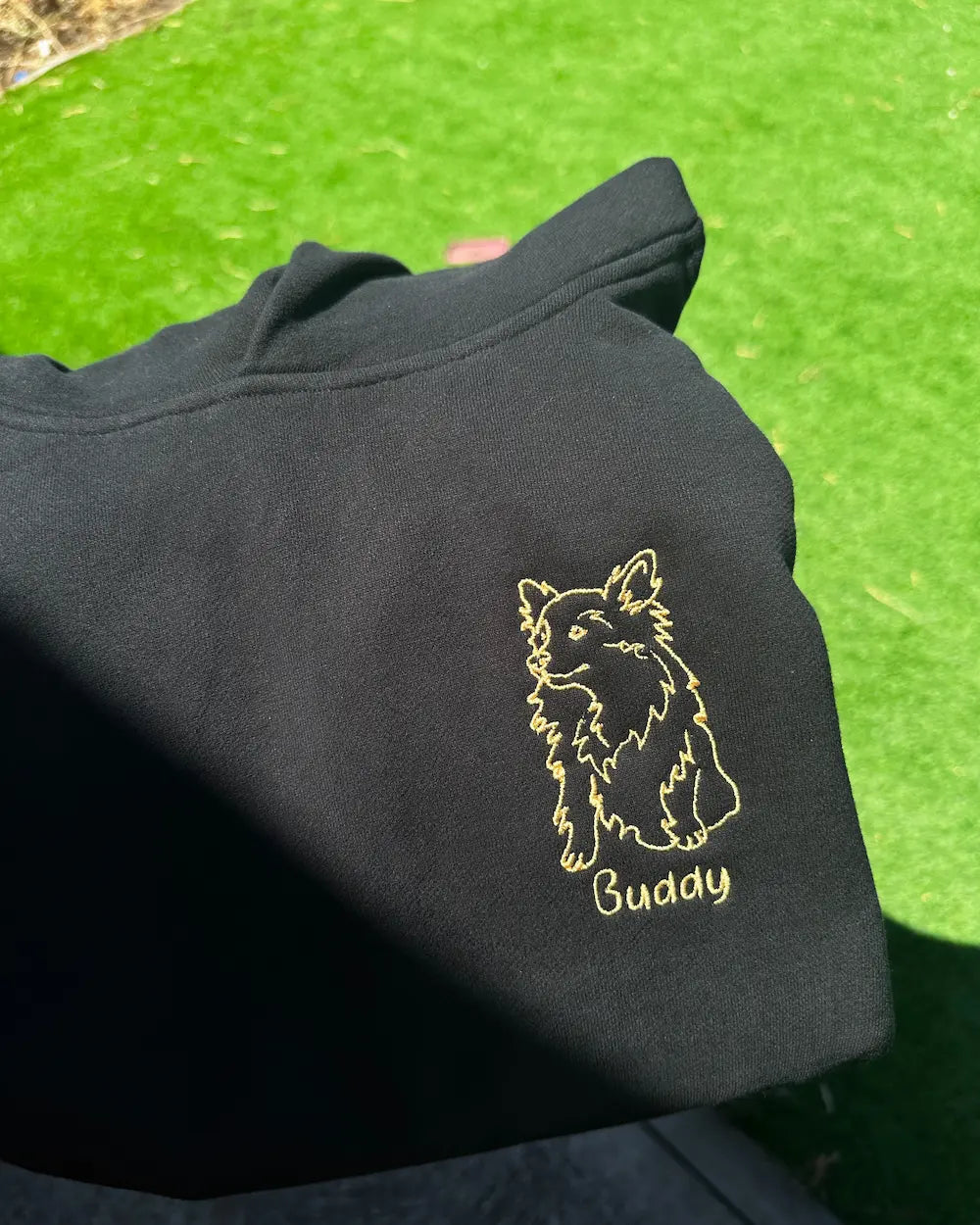 Custom pet embroidery close up — embroidered dog portrait detail on 380GSM cotton hoodie, made in Melbourne Australia