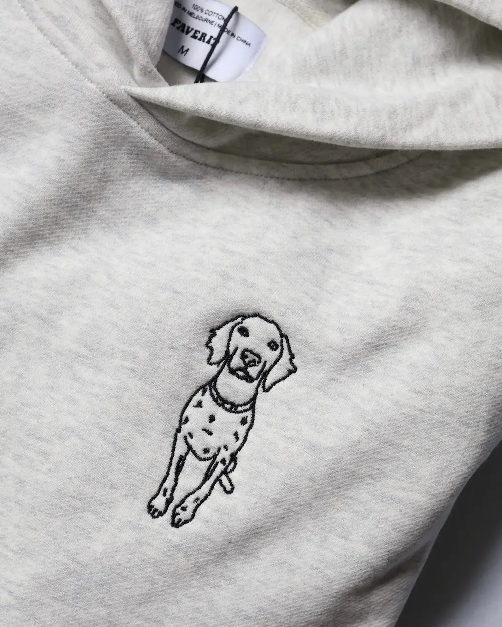 Personalised dog mum hoodie grey — custom dog portrait embroidered on 380GSM heavyweight cotton hoodie, made in Melbourne Australia
