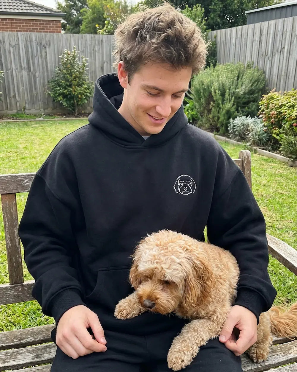 Personalised pet hoodie — custom dog photo hoodie with embroidered portrait, dog mum gift made in Melbourne Australia